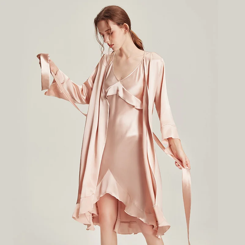 

100% Real Silk Luxury Nightwear Intimate Lingerie Sleepwear Women Solid Kimono Bathrobe Set Sexy Ruffle Nighty&robe Home Dress