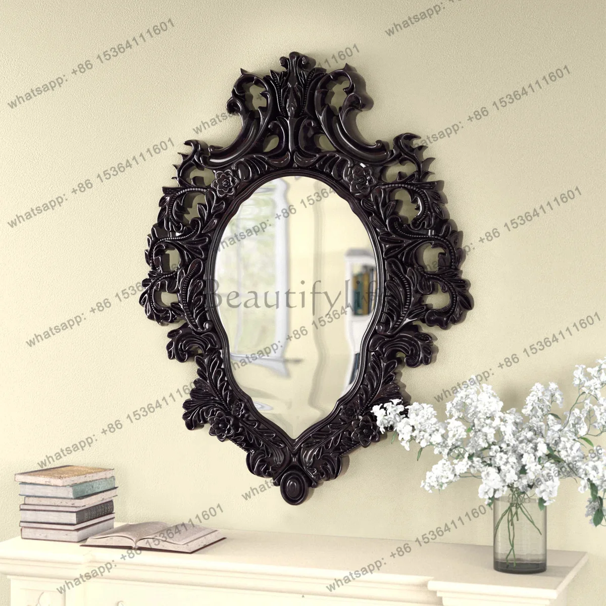 D33 French Vintage Home Bedroom Makeup Mirror Carved Bathroom Fireplace Decorative Mirror