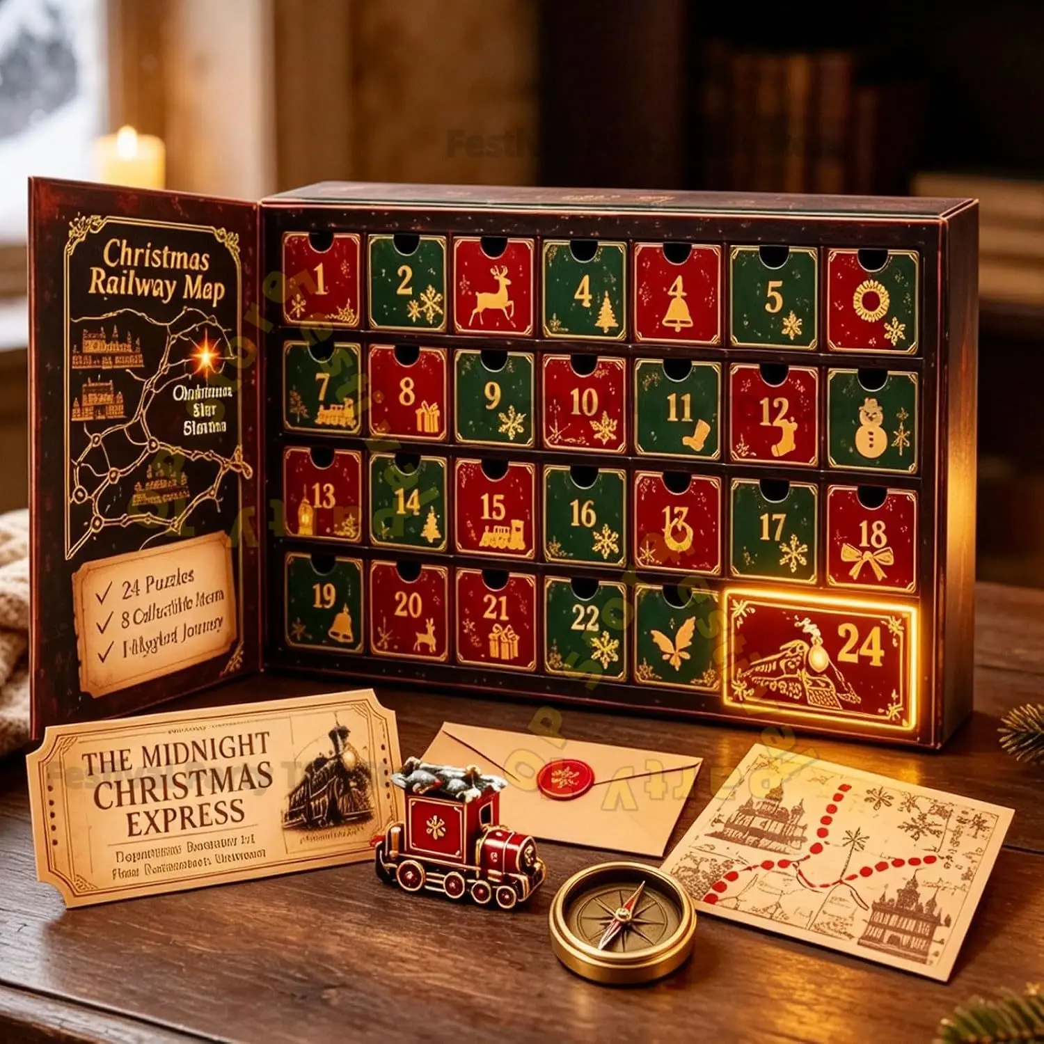24-Day Mystery Adventure Advent Calendar Countdown Gift，Mystery Train,with 6 Themes Open A New Discovery Every Day Escape Room