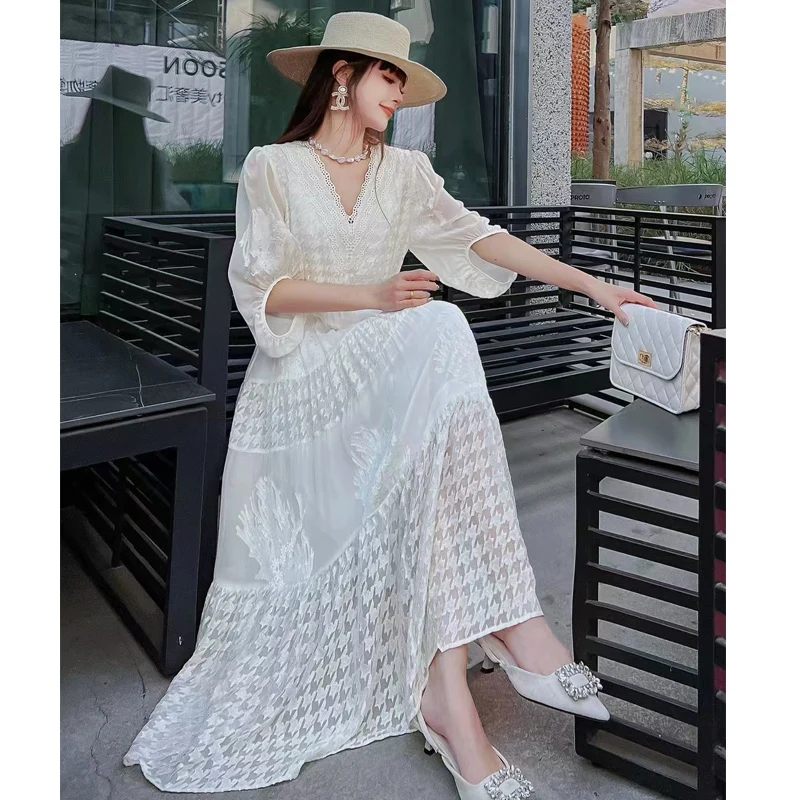 High End Summer New Women's Fashionable And Elegant V-Neck Half Sleeved Silk Jacquard+Thousand Bird Plaid White Dress S-XL