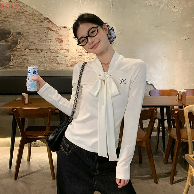 Dames vroege herfst trui met lange mouwen Casual chique V-hals met vetersluiting