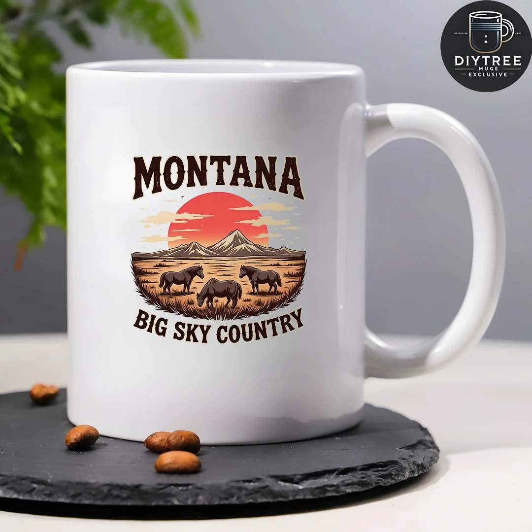 11온스 서부 테마 머그컵 + 몬타나 선셋 프레리 페인팅 크리스마스 홈 & 오피스 컵 고급 선물