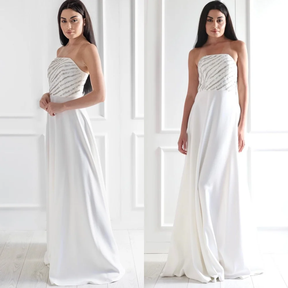 

Customized Simple White Jersey Evening Dresses Exquisite Strapless Homecoming Dress Fashion Sweep Train Vestido De Festa