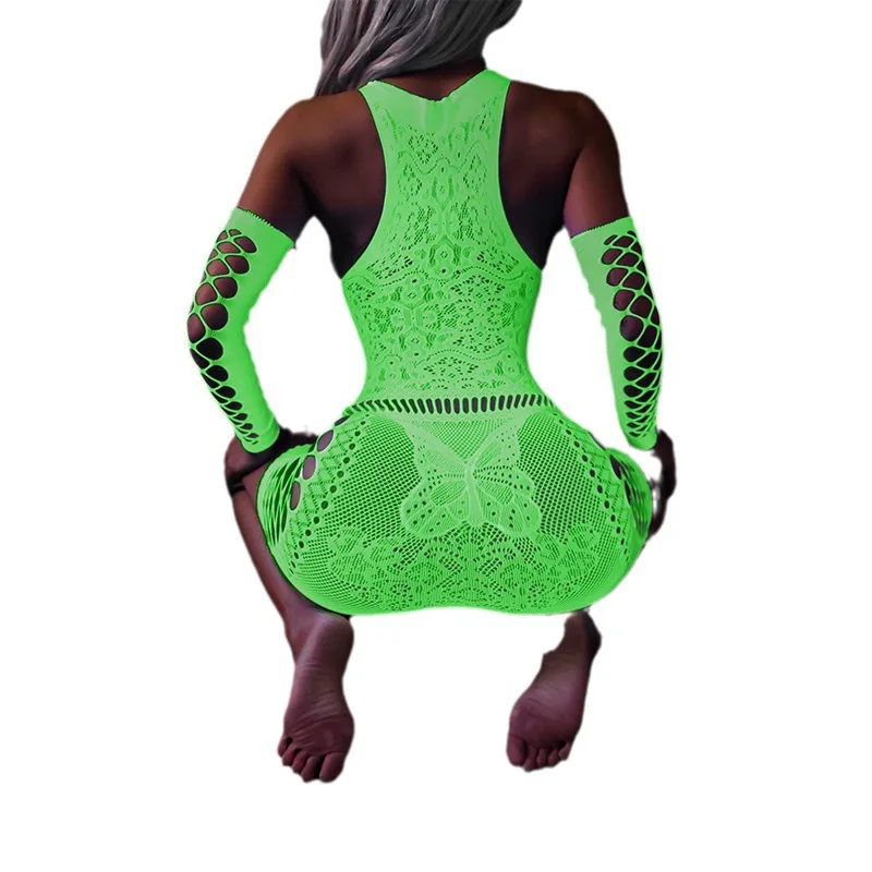 Plus Size Glow The Dark Bodystockings Tear Away Fishnet Lingerie Sheer Mesh See Through Hollow Out Sensuous Nightwear