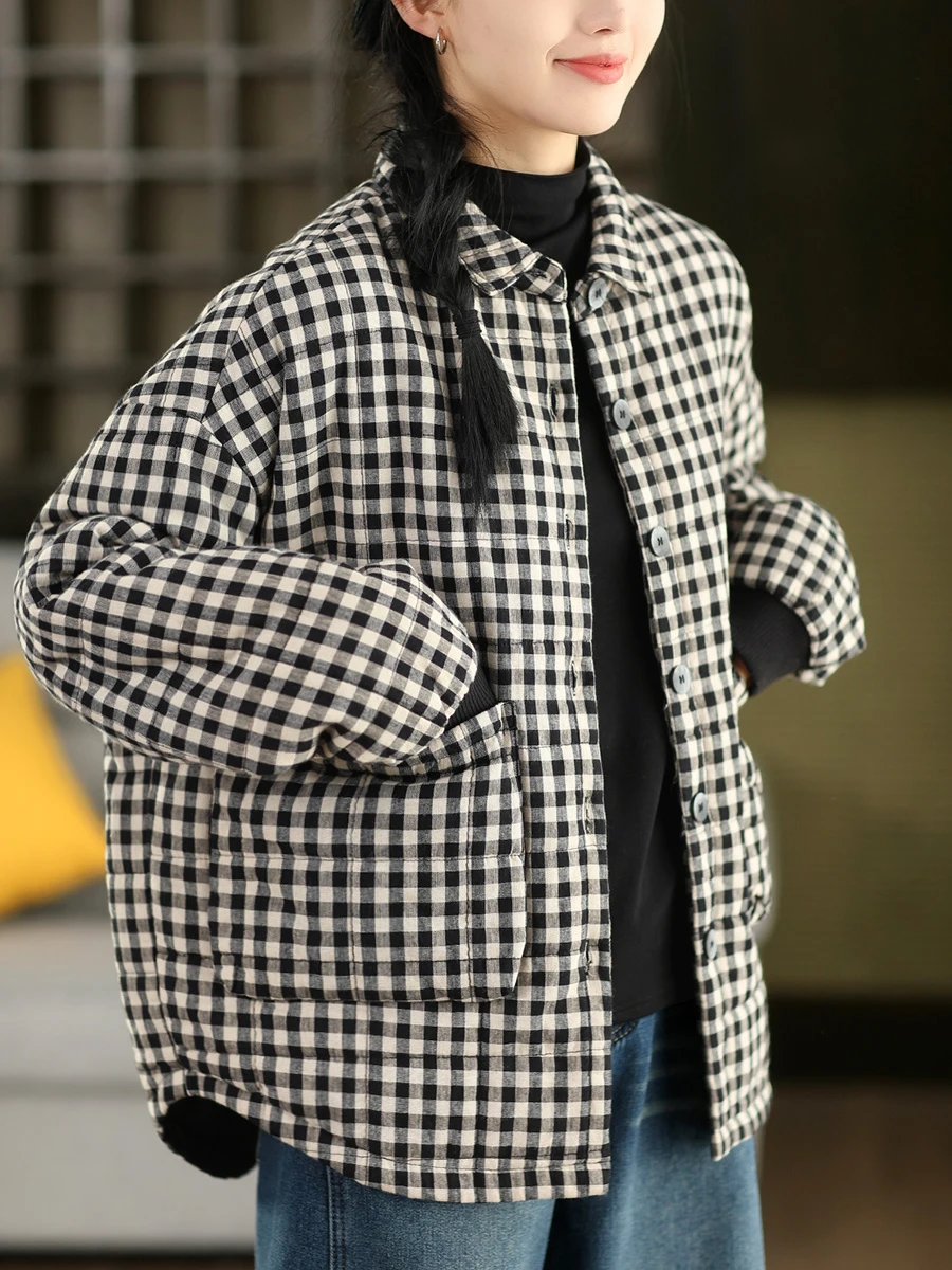 

Thiened Cotton irt Jaet Retro Plaid Collar Warm Outerwear Women's Loose Fit Long Sve Winter Coat by YuanYuanMei