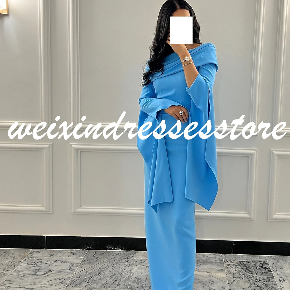 Exquisite Women Blue Straight  Floor Length One Shoulder Jersey Long Sleeves Pleats Vestido De Noche  Saudi  Arabia Prom Dress