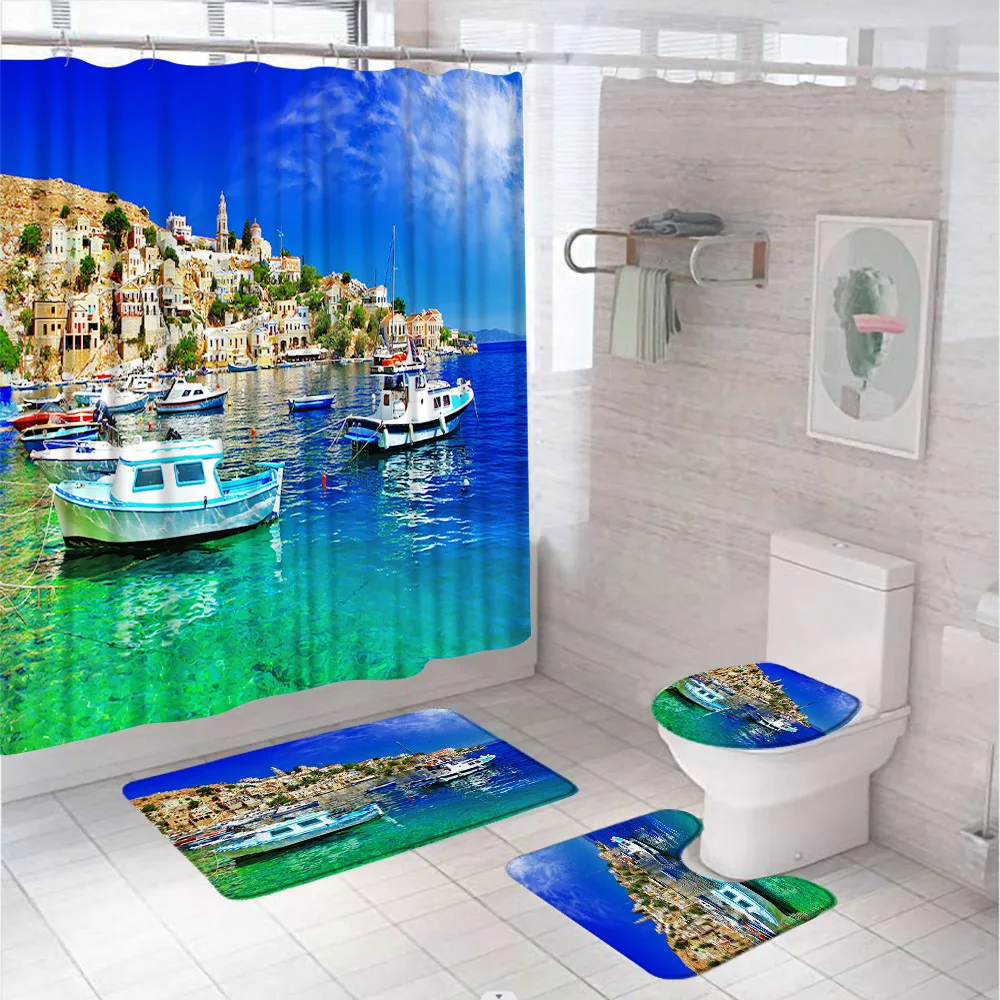 Seaside Town Scenery Shower Curtain Set Bathroom Decor Historic Cityscape Blue Ocean Boat Anti-slip Rugs Bath Mat Toilet Cover