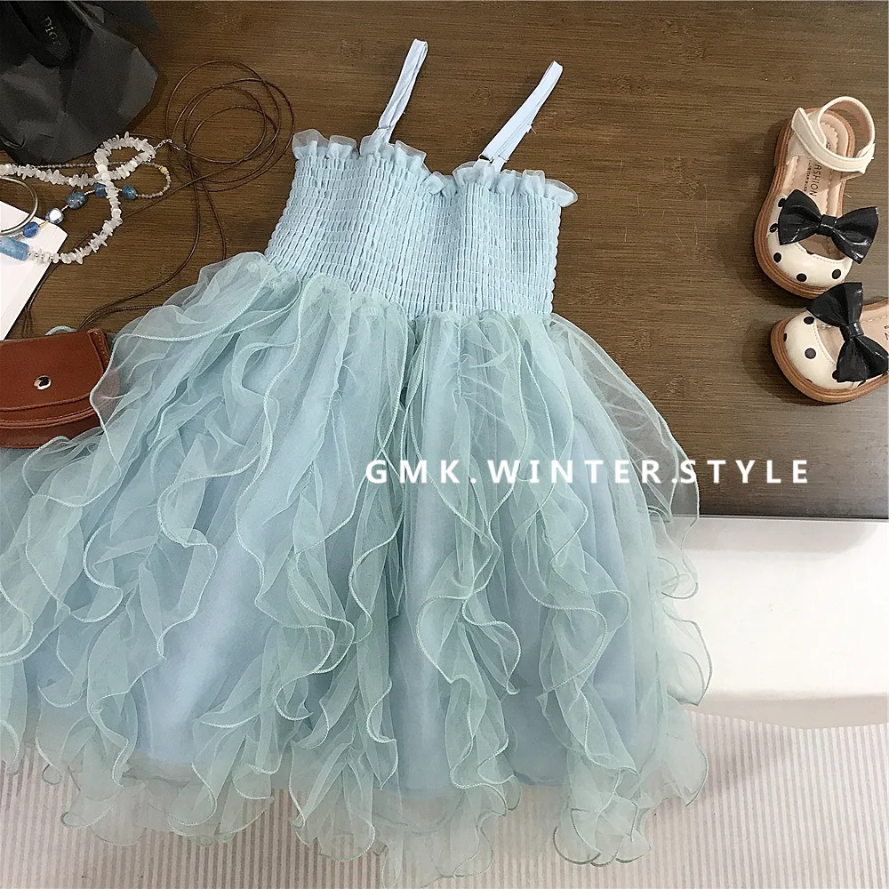 

Girls Dress Princess Dress Blue Gauze Holiday Wind Suspender Skirt Three-year-old Girl Baby Summer Dress Women