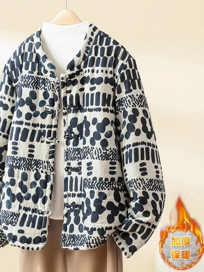 Chinese Style  Zen Cothes Padded Cotton Coat For Women In Autumn Winter 2025 Retro Printed Warm Hanfu Quilted Jacket Top W1196