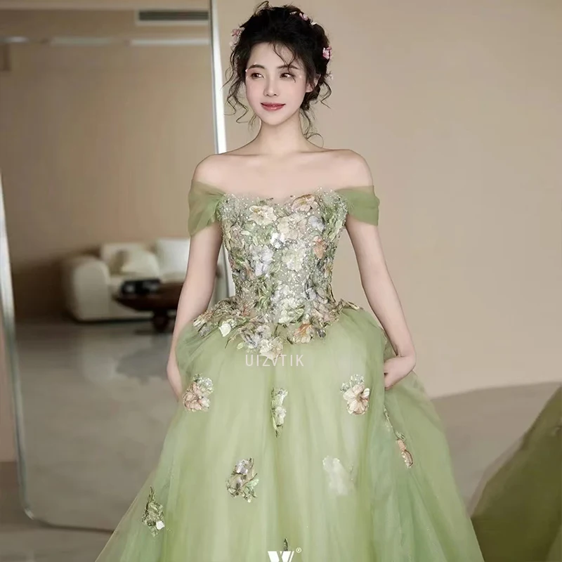 Eegant グリーンイブニングドレス女性オフショルダーアップリケ花ロングウエディングドレスカスタマイズされたウェディングパーティーフォーマルオケージョンドレス