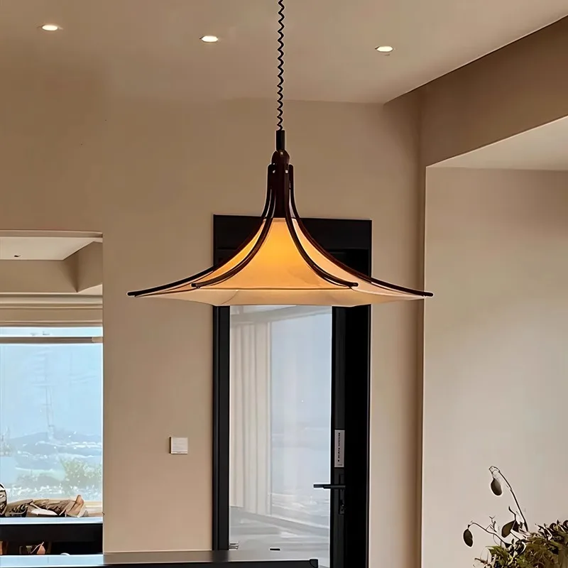 

New adjustable retractable dining table wooden fabric lighting fixtures for vintage restaurants with solid wood pendant lights