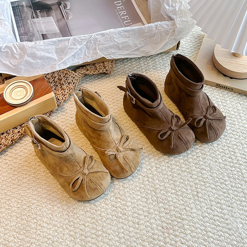 Kids Short Boots with Simple Bows Girls Princess Fashion Boots Back Zipper 2026 Autumn New Children Casual Boots Versatile Soft