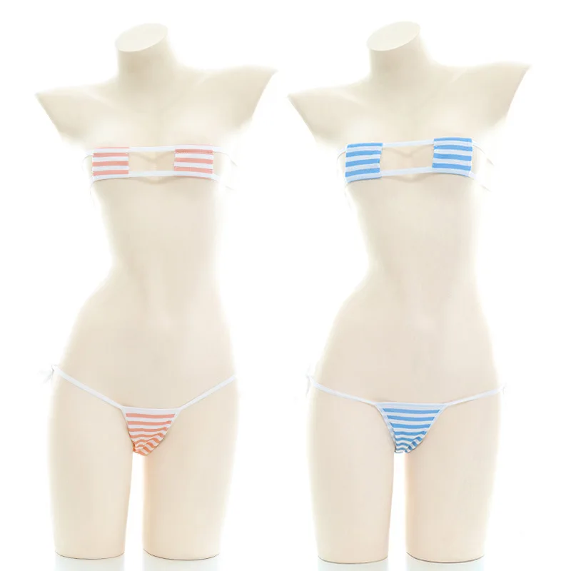 

Japanese Women Square Stripe Bikini Set Simple Underwear Set Sexy Lingerie Kawaii Adult Cosplay Costumes Bra
