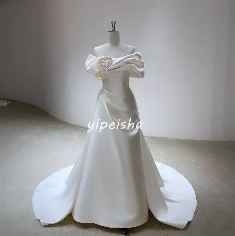 Satin Handmade Flower Pleat Cocktail Party A-line Off-the-shoulder Bespoke Occasion Gown Long Dresses