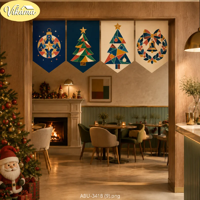 VIKAMA Christmas Chinese Snowman Bamboo Pennant Flag Set Bauble Tassel Mountain Cream Scarlet Tea Room Doorway Hanging Kitchen