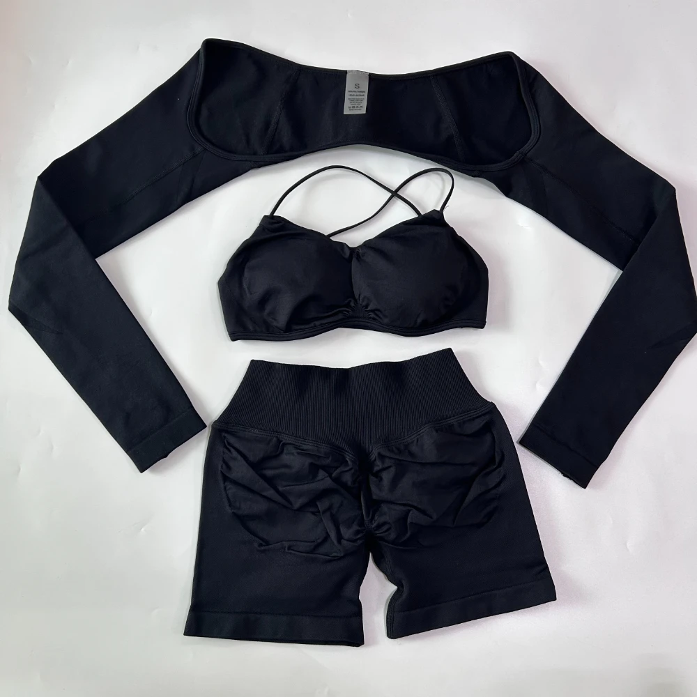 Pericic 3-teiliges Gym-Set Nahtloses Yoga-Set Damen Gym-Top Cross-Waist-Shorts Langarm-Oberteil Fitness-BH Sportanzug Workout-Set – Detail 13