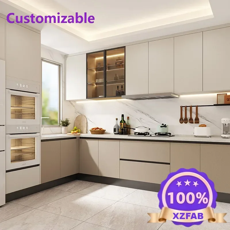 Factory Direct 2026 Cream wind kitchen locker storage cabinet quartz stone countertop solid wood stove can be customized color
