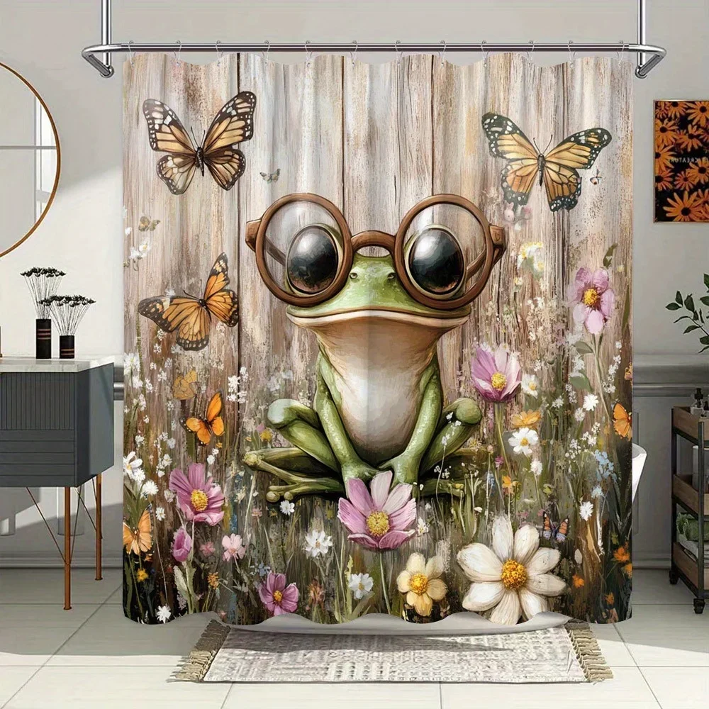 

Занавеска для душа «Сказка-лягушка» — яркие цветы, бабочки, деревенский фон, мягкий художникский стиль, водостойкий полиэстер