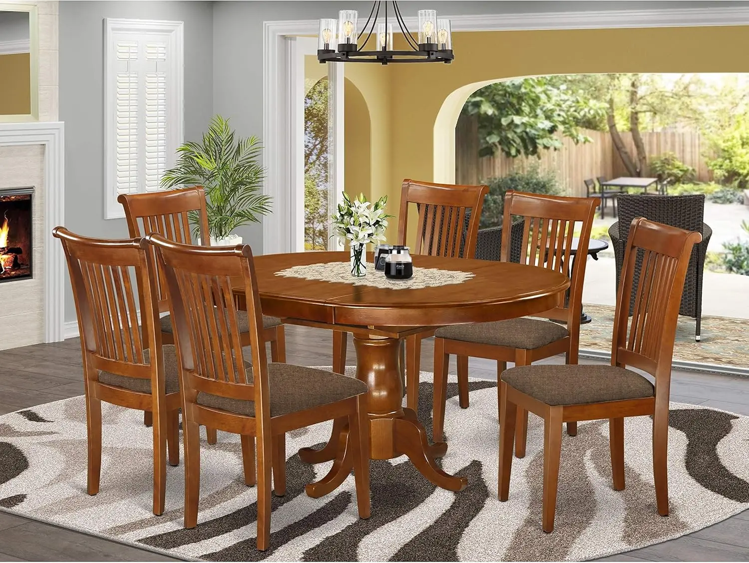 7 Piece Dining Table Set Consist of an Oval Dining Room Table with Butterfly Leaf & 6 Linen Fabric Upholstered Chairs,42x60 Inch