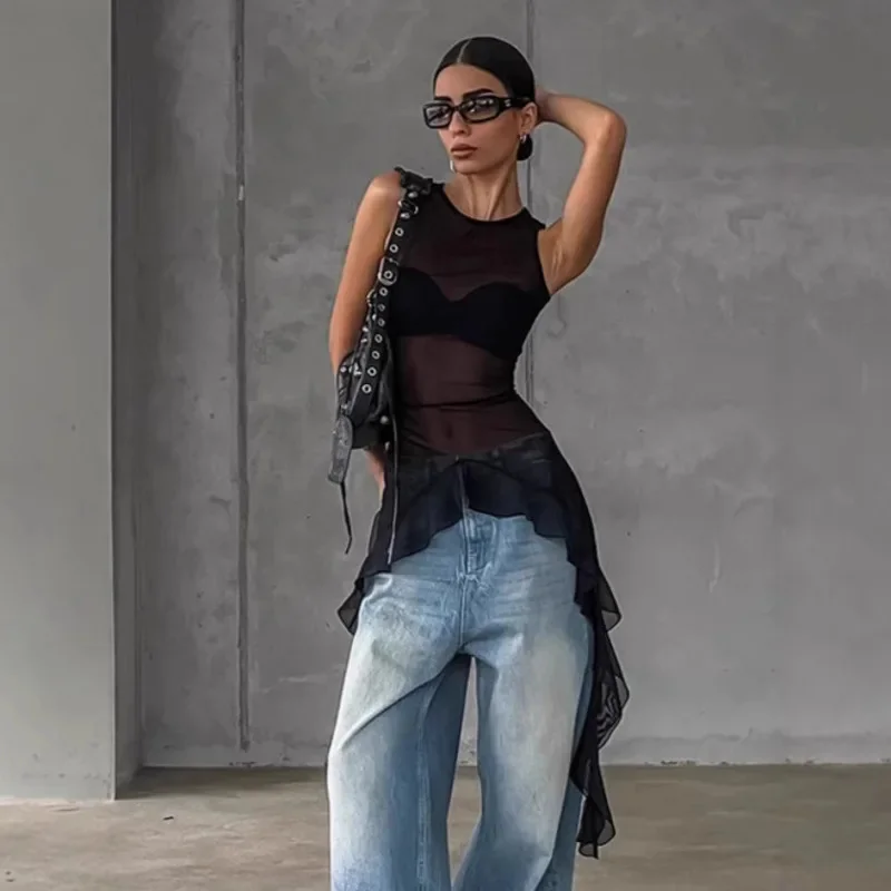 شبكة انظر من خلال تي شيرت بلا أكمام غاسل لصق أعلى سليم صالح بلون مثير عارضة حزب الشاطئ الأزياء بلوزة للنساء