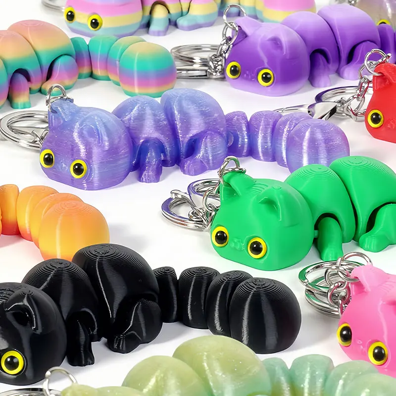 Cute 3D Printed Lucky Cat Keychain with Movable Body - Multi-Color Cartoon Key Ring for HandBag Accessories, Desk Decor & Gifts
