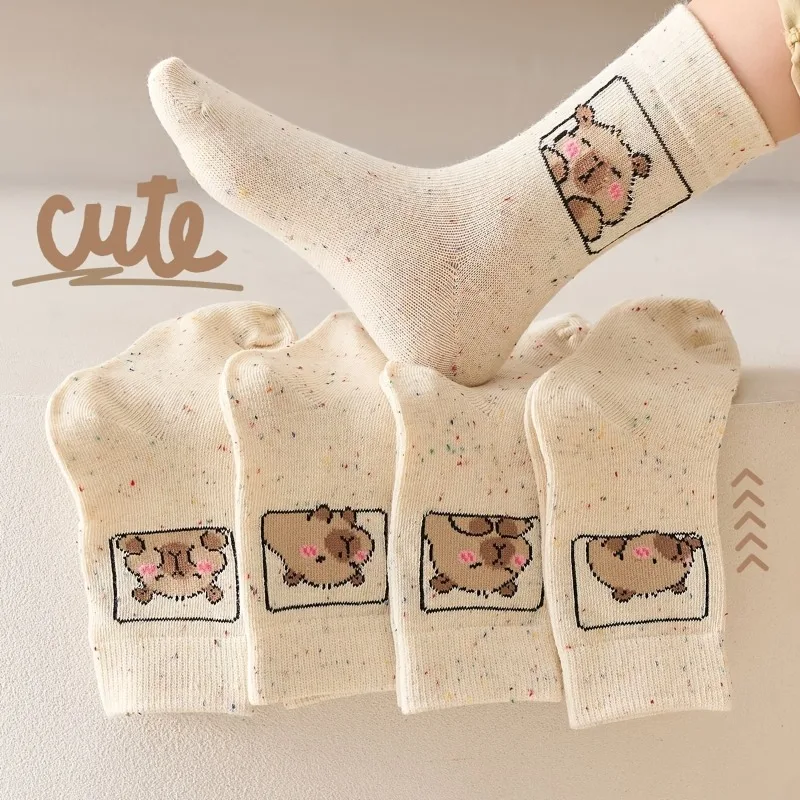 5-Pair of Kids' Sock Featuring Adorable Capybara Cartoon Prints,These Cute Styled Sock Are Ideal for School Days,Fall And Winter