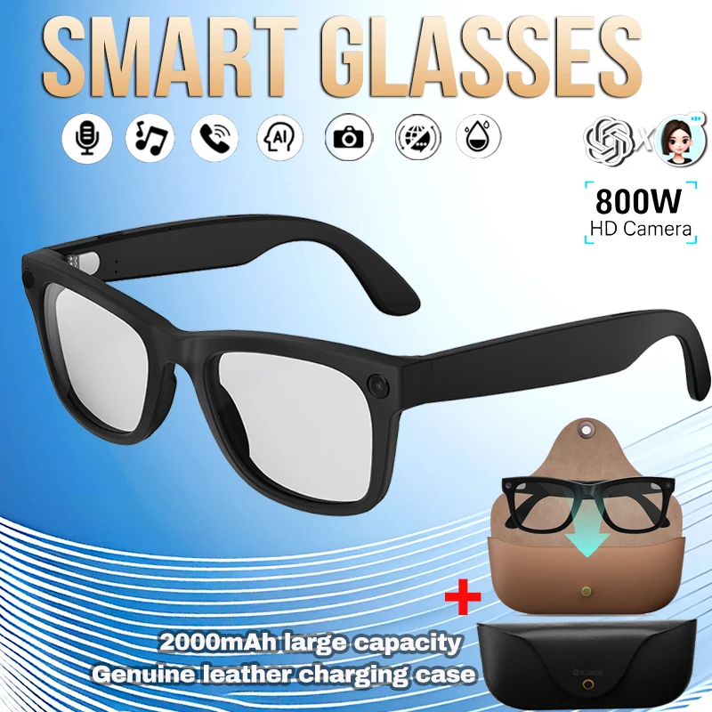 

2026 Genuine Leather 2000Mah Charging Case 8MP HD Smart Glasses Wifi Transmission AI Translation IP65 BT Call Smart Glasses New