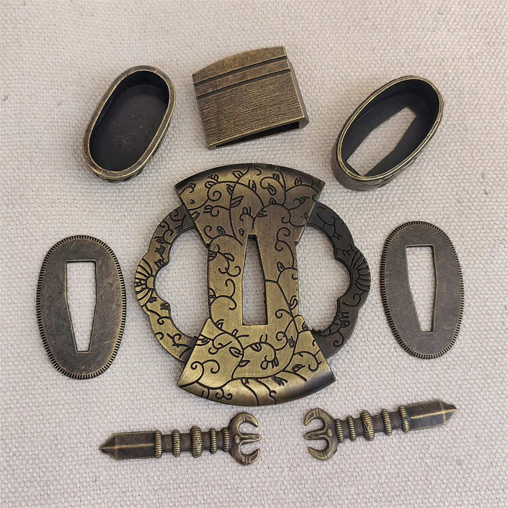 Alloy A Set Tsuba+Menuki+Fuchi+Kashira+Habaki+Seppa Fittings For Japanese Sword Samurai Katana Accessory