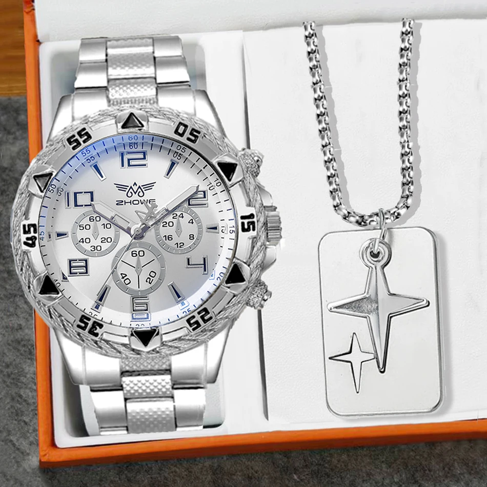 남자 시계 세트 + 크로스 패션 캐주얼 스테인레스 스틸 3 다이얼 쿼츠 시계 아버지의 날 졸업 선물 세트