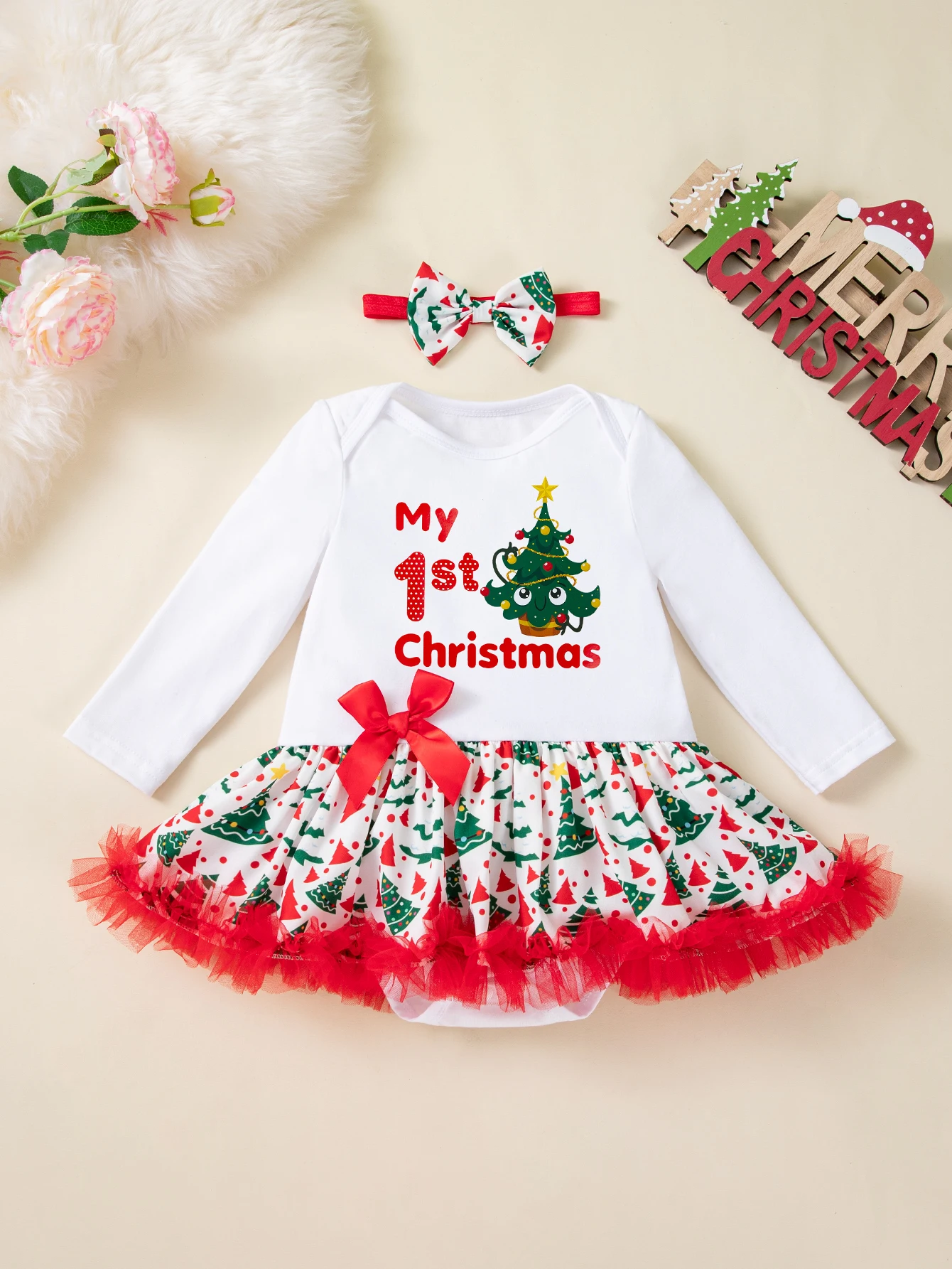 Newborn Baby Girl First Christmas Outfit Long Sleeve Printed Romper Red Ruffle Tulle Tutu Skirt Bow Headband Infant Xmas Party