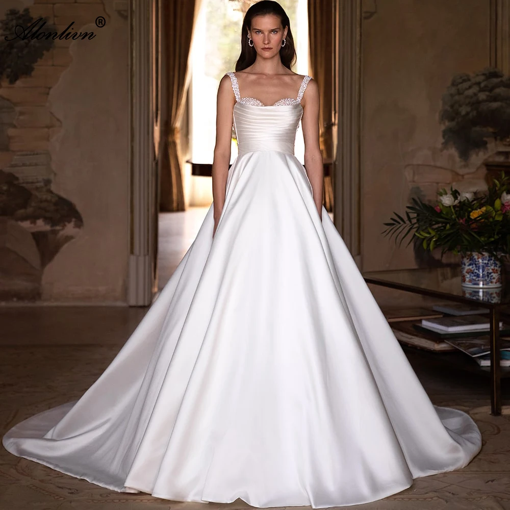 Alonlivn Luxury Satin Pleats Beading Pearls Sweetheart A-Line Wedding Dresses With Spaghetti Straps Custom Made