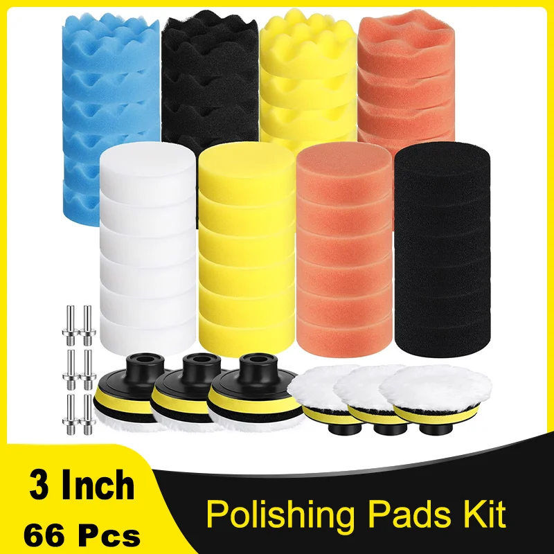 3 Inch Polishing Pads Kit 66 Pcs with Sponge Pad and Wool Pad Drill Adapter Headlight Restoration for Car Polishing Waxing