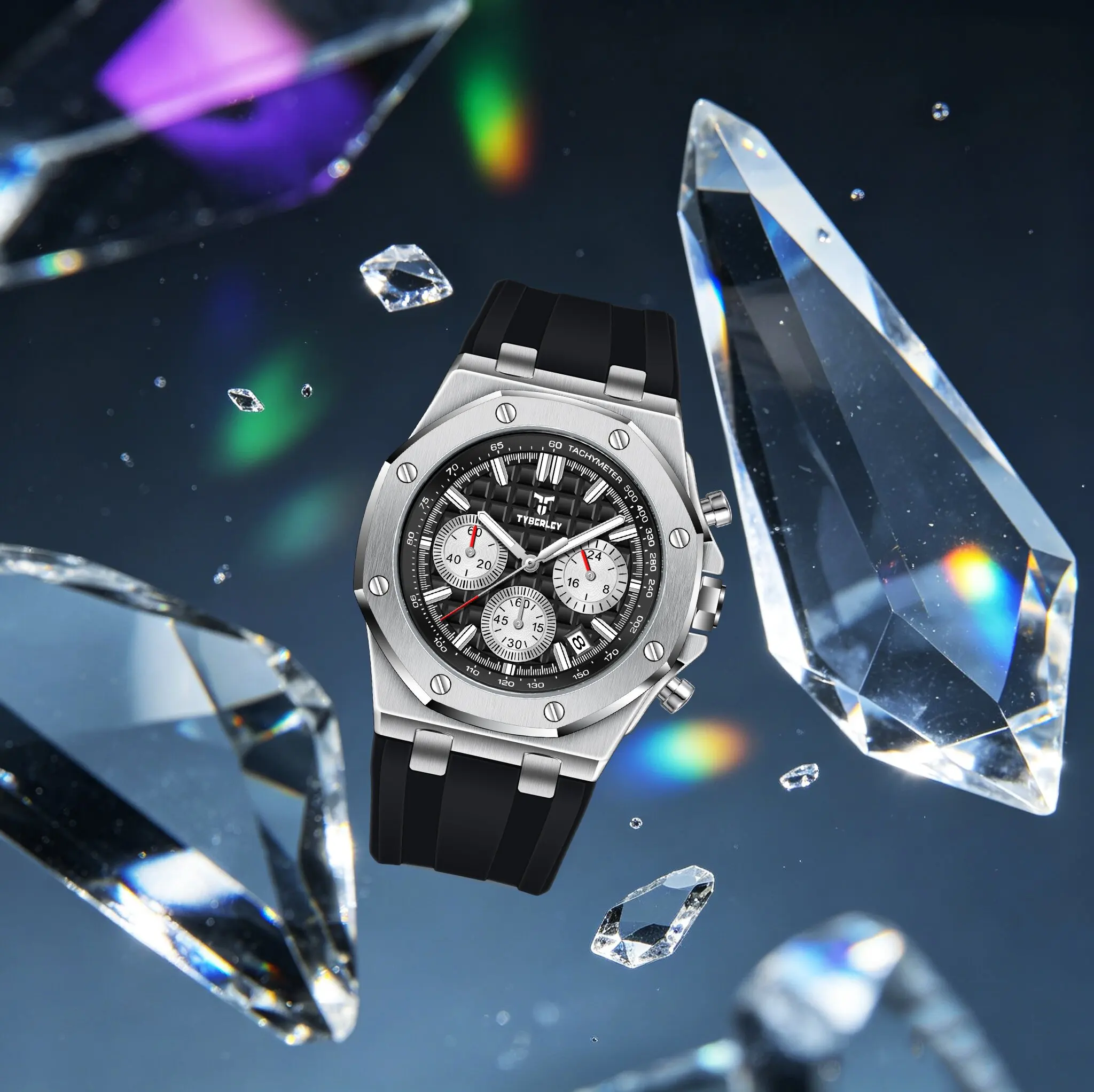 TYBERLEY Classic Oak Style Men Quartz Watches For Octagonal Design Rubber Luminous Waterproof Business Sports Watch For Commute