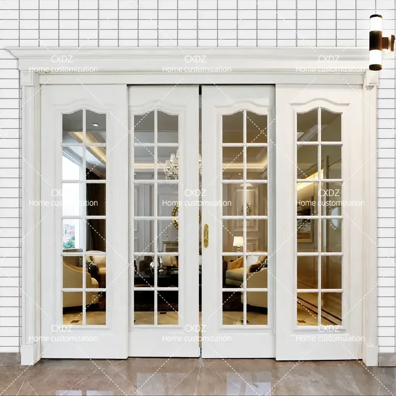 Push Pull Solid Wood White Painted Double Sliding Door with Glass Panel Silent Track for Kitchen Balcony Study Partition
