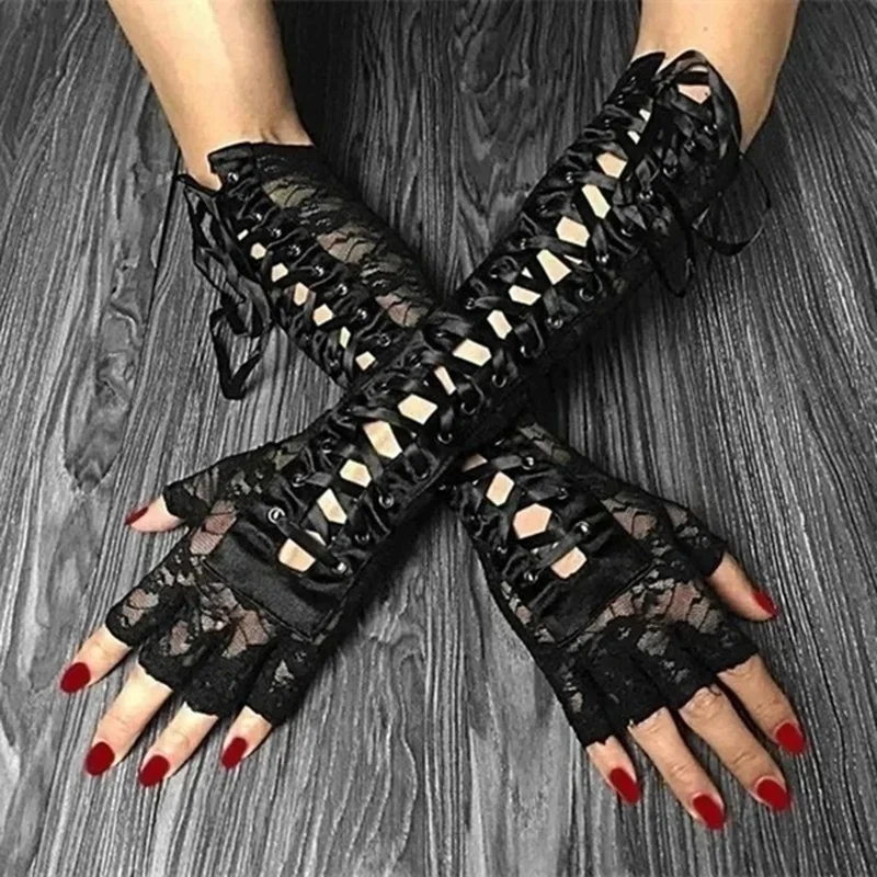 2026 New Halloween Party Women Fingerless Elbow‑Length Gloves 1Pair Vintage Black Lace Arm Cuff Festival Costume Supplies
