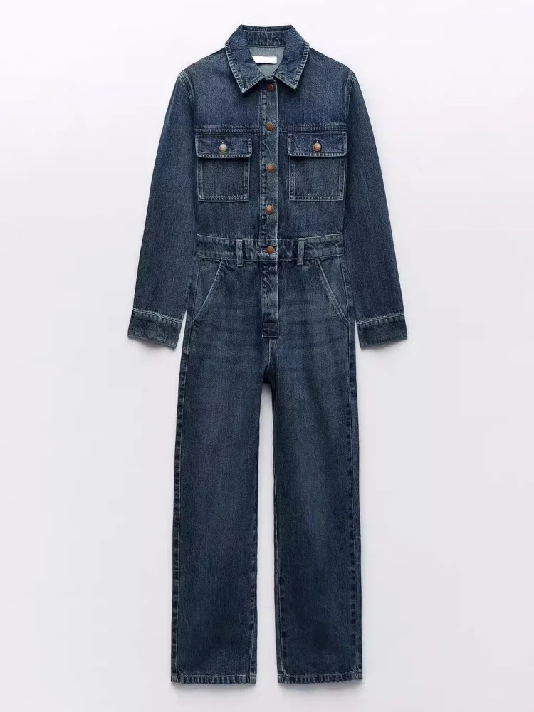 Blue Lapel Long Sleeved Jumpsuit For Women With A Stylish Front Pocket Embellishment, Straight Leg Long Denim Jumpsuit