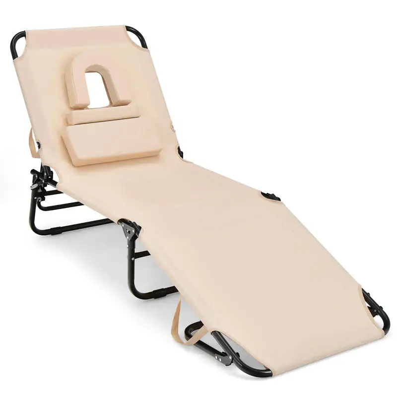 

Beach Chaise Lounge Chair with Face Hole and Removable Pillow-Beige