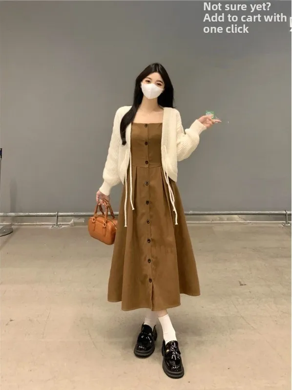 

plus Size Fashionable Knitted Set Early Autumn Design Sense Belted Waist Slimming Dress And Strap Top Korean Style Commute Wind