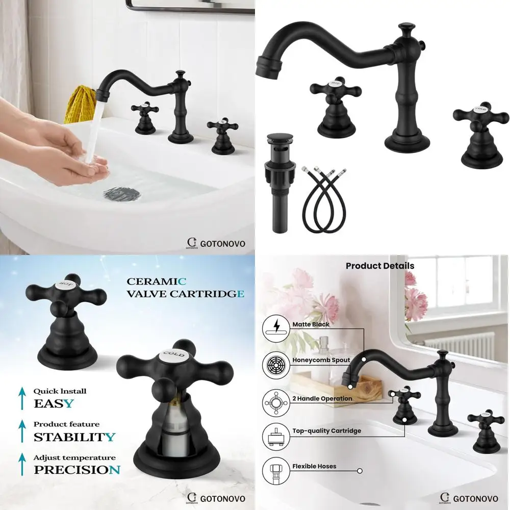 

8 широко распространенных винтажных матовых черных смесителей для раковины с 3 отверстиями и выдвижным сливом и этикетками для горячей/холодной воды