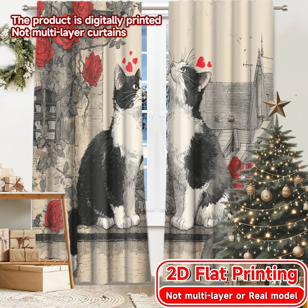 2D Flat Printing,2pcs Kitty Romance Popular Window Curtain Versatile 100% Polyester Curtains Decorations For Home Ldeal for