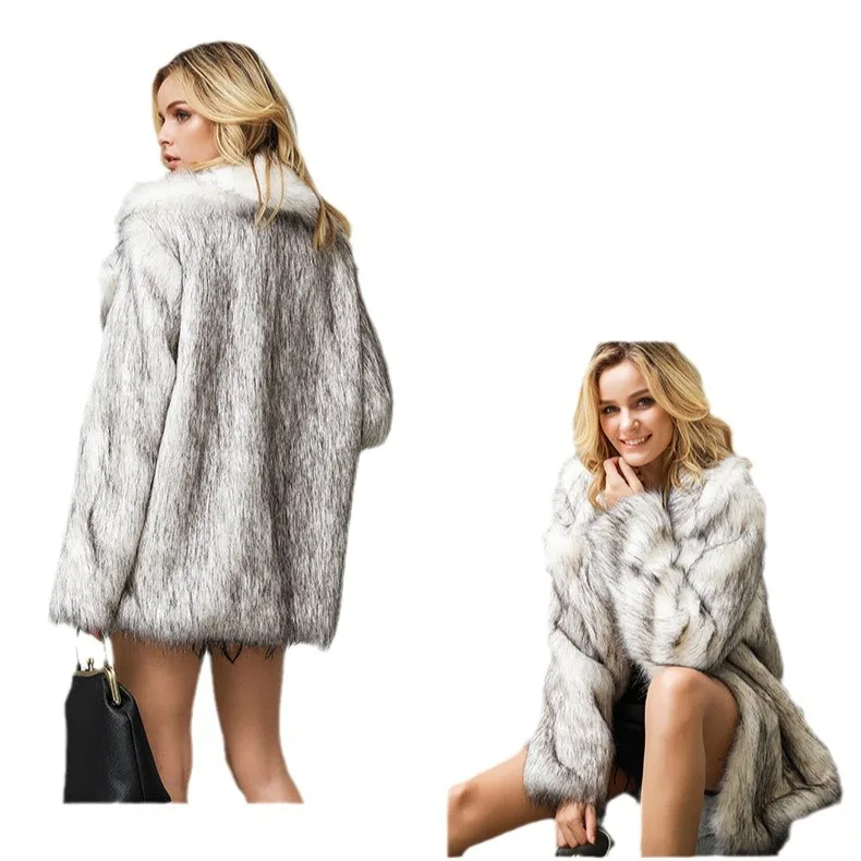 Autumn Winter Women's White Black Tip Mid-Long Notch Lapel Faux Fur Coat
