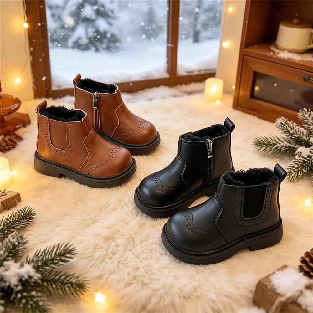 Toddler Kids Fleece Lined Ankle Boots, Side Zipper Warm Winter Shoes, Non Slip Thick Brogue Short Boots for Daily Outdoor