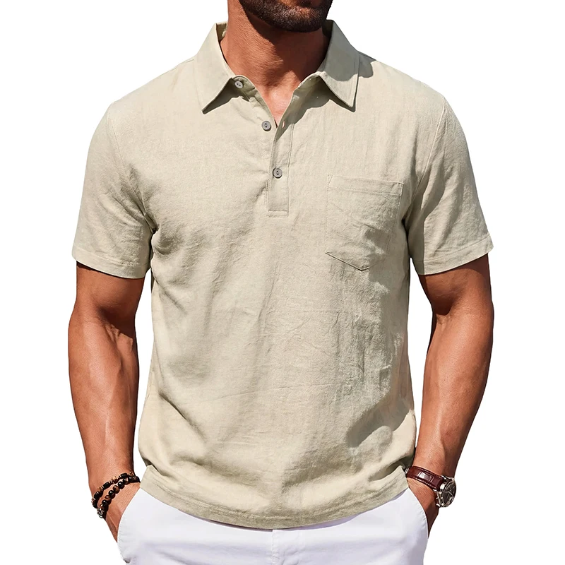 Men's Summer Linen Short-Sleeve Polo Shirt | Casual Button Placket with Chest Pocket Simple Polo Short Sleeve (Multiple Colors)