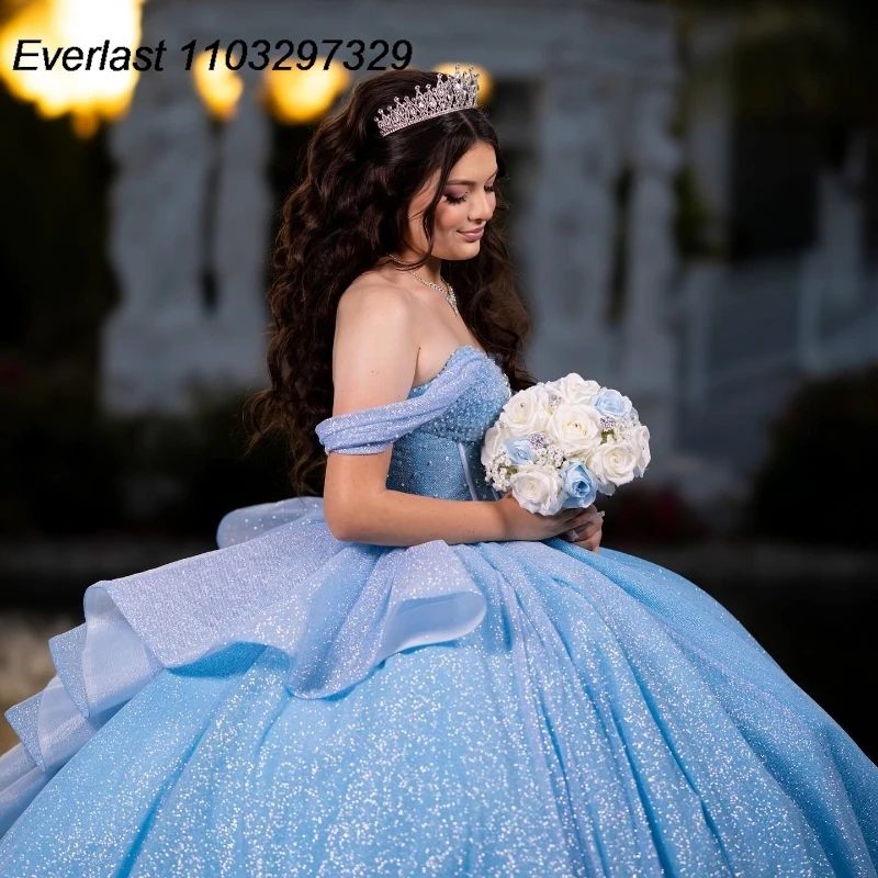 EVLAST индивидуальное небесно-голубое платье Quinceanera, бальное платье с блестящей аппликацией и бантом из бисера, корсет Sweet 16, Vestidos De 15 Años TQD857