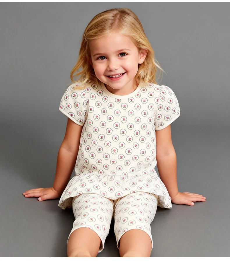 

Детский комплект: синяя туника с короткими рукавами и вышивкой фермерских животных, шорты в клетку с рюшами и бантиками для девочек