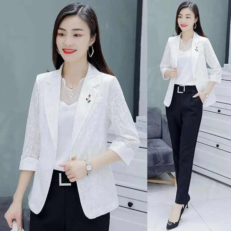 

Lace Women Small Suit Jacket 2024Spring Summer Fashion Outerwear Korean Female Overcoat Temperament Professional Blazer Coat Top