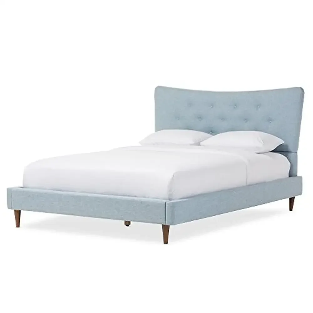 Mid-Century Modern Queen Platform Bed Sky Blue Polyester Fabric Button-Tufting Durable Flexible Walnut Legs 88.39