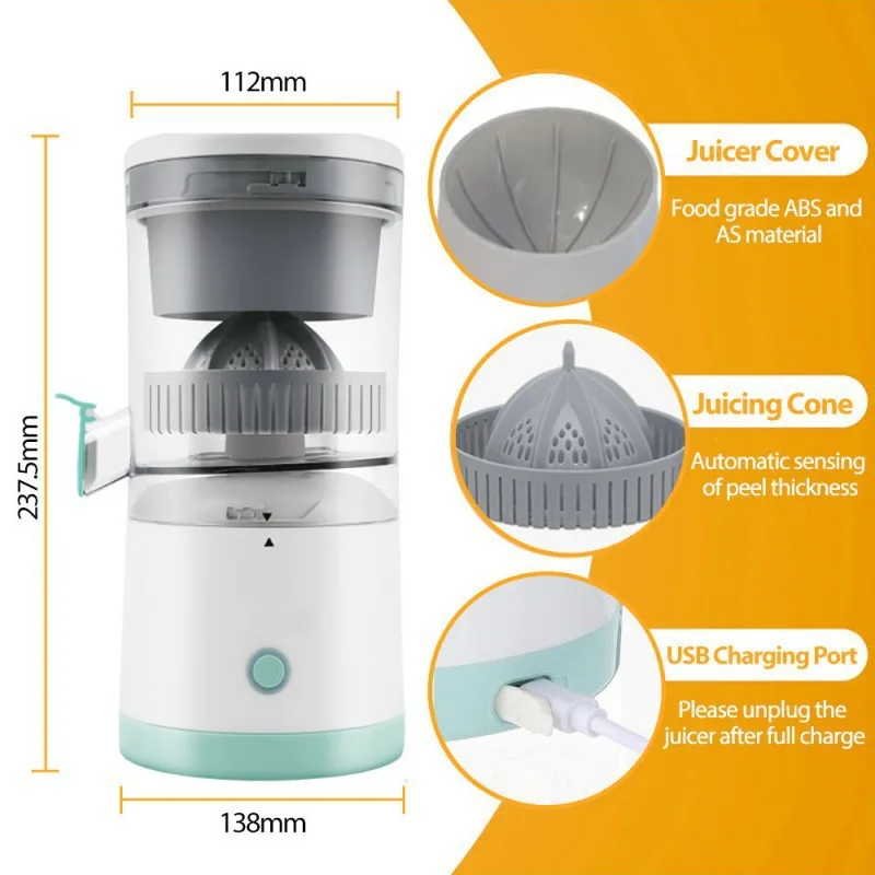 Blender USB z możliwością ładowania, przenośny elektryczny wyciskacz do cytrusów, do świeżego soku z pomarańczy i cytryn dla jednej osoby.