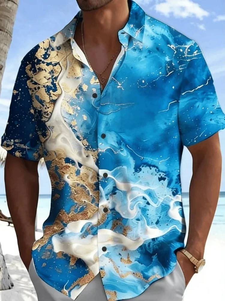 Popular Fashion Men's Abstract Liquid Art Color Blocked Shirt Button Up Shirt Short Sleeved Fashion Summer Shirt Bag