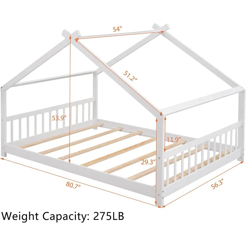 Cama de piso de tamaño completo, marco de cama de piso completo con cabecero, reposapiés y listones, cama de madera con listones/cama de piso de casa, Blanco completo